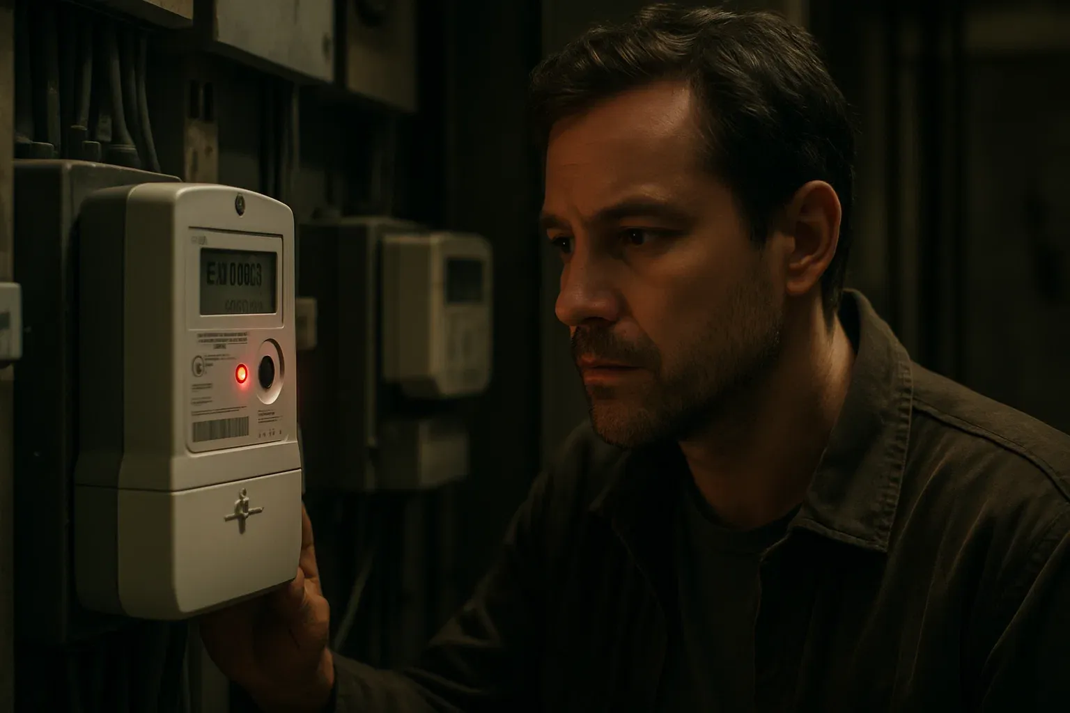 Hombre examinando su contador eléctrico digital en un cuarto de contadores, simbolizando la comprensión y el control del consumo de luz.
