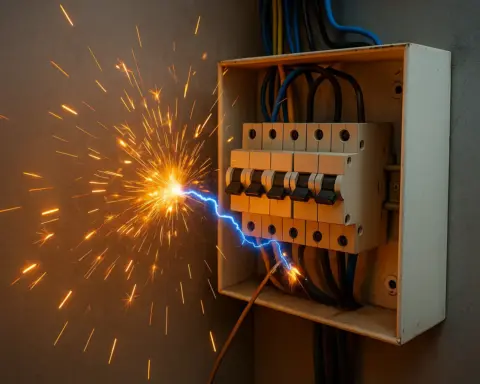 Chispas y arco eléctrico en cuadro por cortocircuito en instalación eléctrica