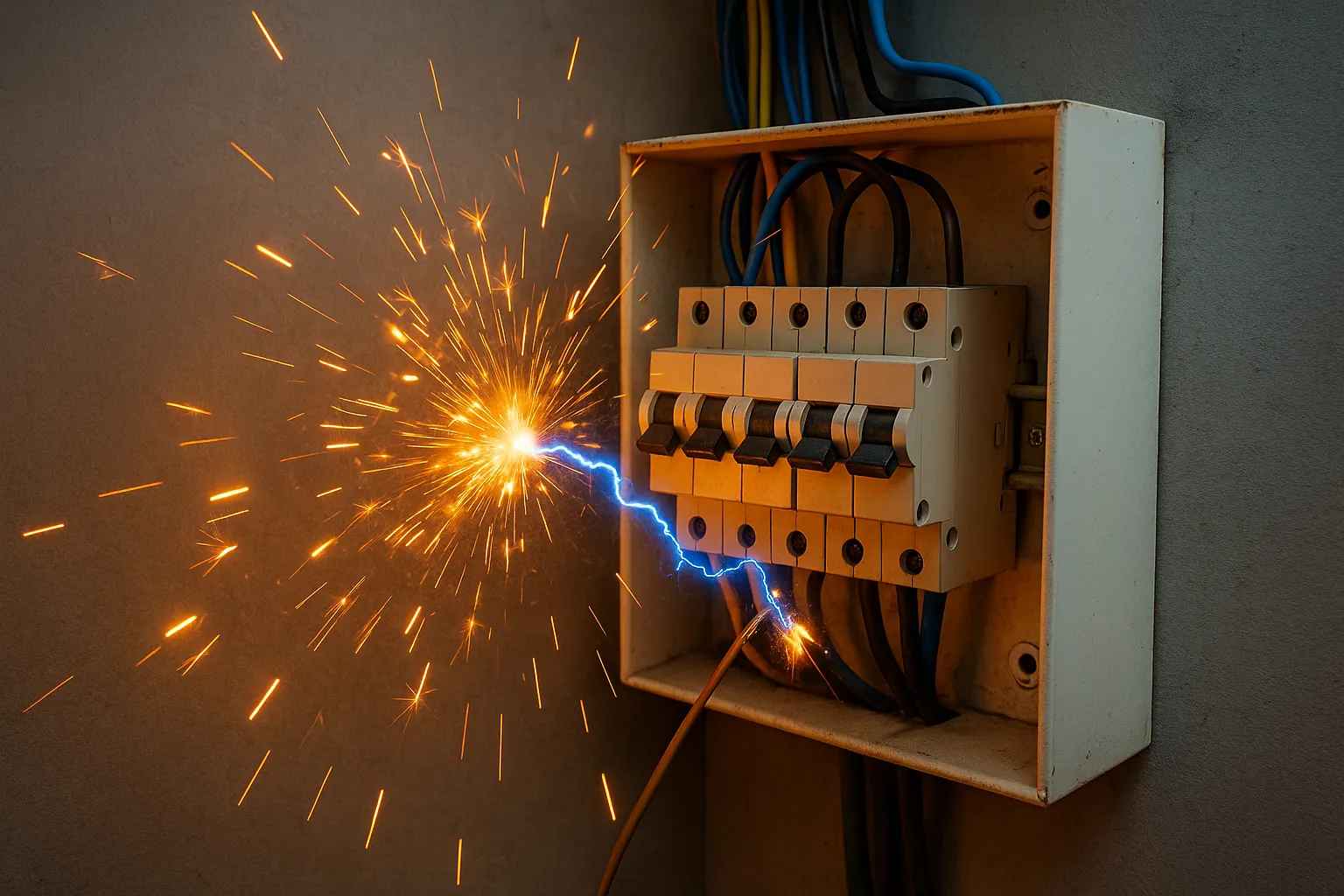 Chispas y arco eléctrico en cuadro por cortocircuito en instalación eléctrica