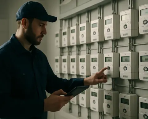 Técnico cualificado revisando un contador digital en un cuarto de contadores moderno y ordenado, simbolizando la seguridad y normativa de la instalación eléctrica.