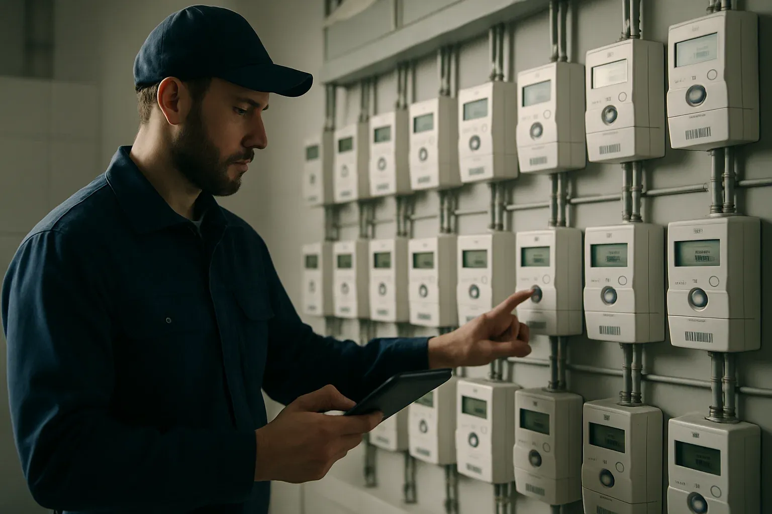 Técnico cualificado revisando un contador digital en un cuarto de contadores moderno y ordenado, simbolizando la seguridad y normativa de la instalación eléctrica.