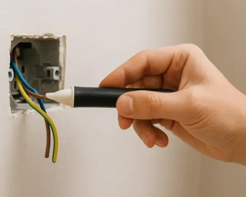 Mano con un detector de voltaje sin contacto revisando cables de un enchufe, con luz apagada.