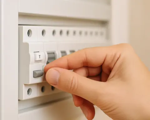 Mano presionando el botón “Test” de un interruptor diferencial en un cuadro eléctrico moderno.