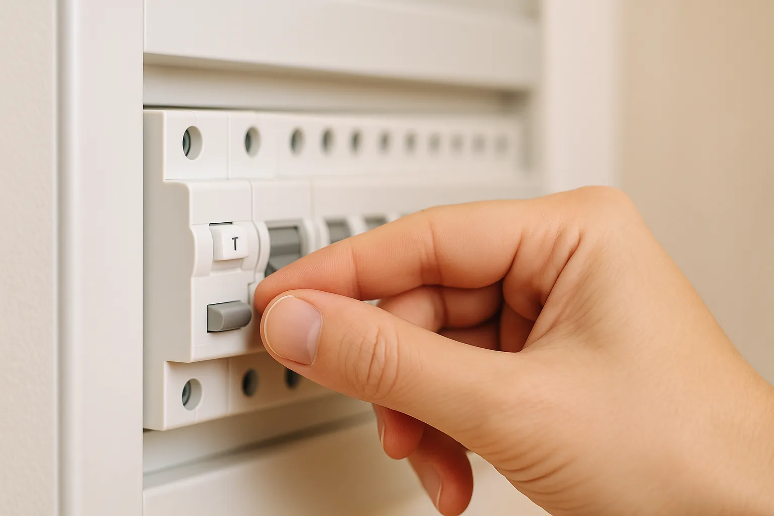 Mano presionando el botón “Test” de un interruptor diferencial en un cuadro eléctrico moderno.
