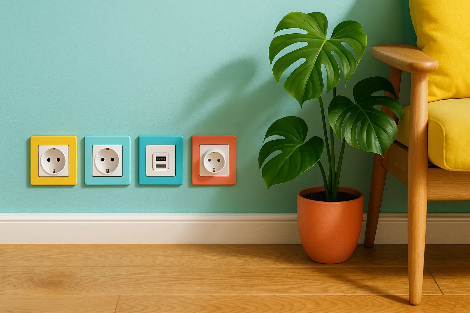 Fila de enchufes con marcos coloreados en los que se aprecias tomas del tipo Schuko y un módulo USB en una vivienda de estilo moderno.