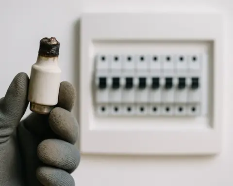 Mano con guante sosteniendo un fusible cerámico quemado frente a un cuadro eléctrico moderno.