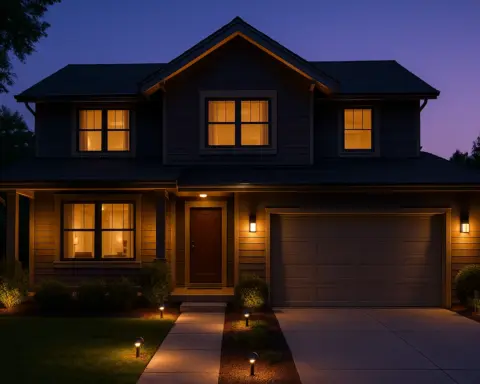 Casa contemporánea iluminada con luces LED cálidas en la fachada, el porche y el sendero del jardín, representando un buen sistema de iluminación exterior.