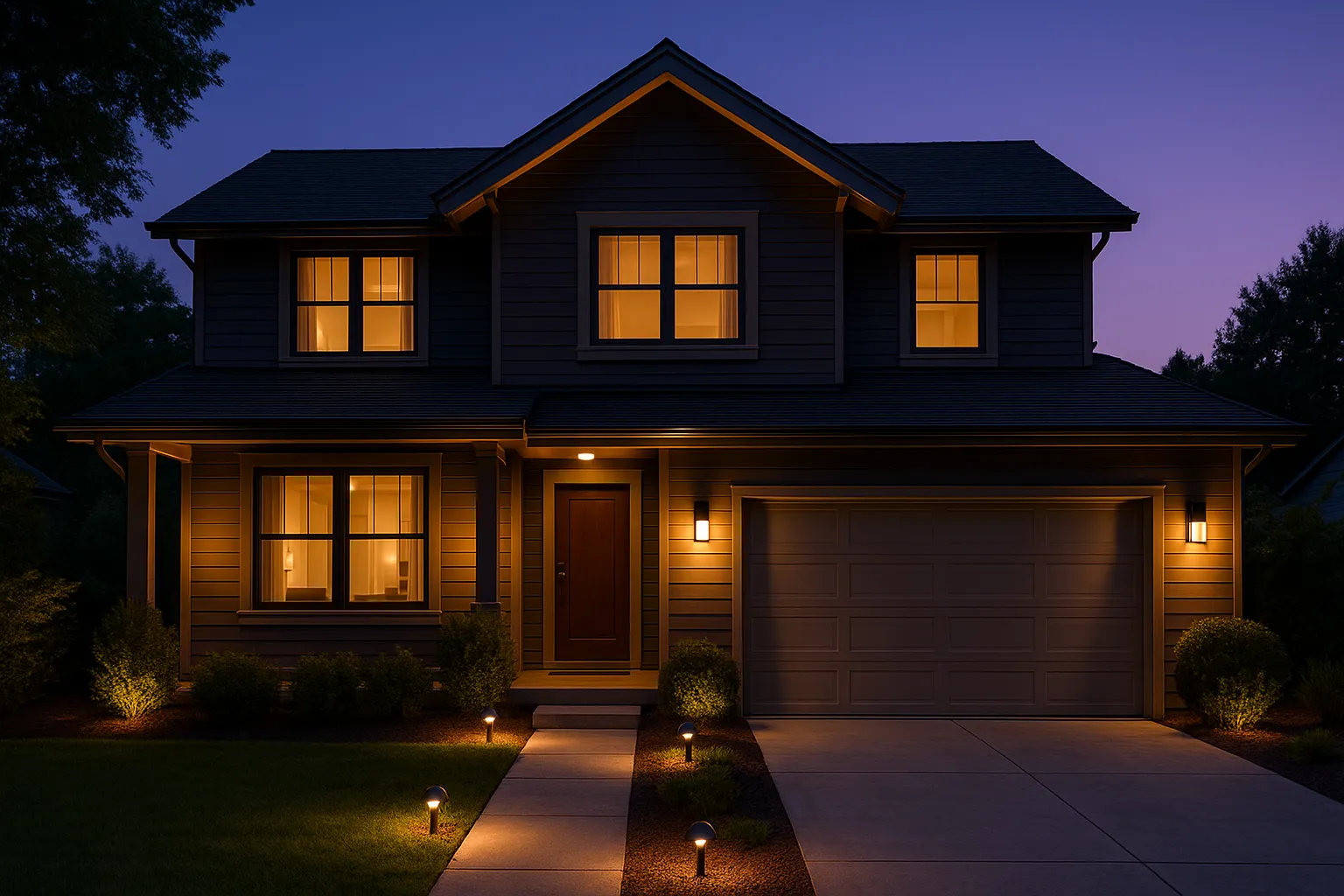 Casa contemporánea iluminada con luces LED cálidas en la fachada, el porche y el sendero del jardín, representando un buen sistema de iluminación exterior.