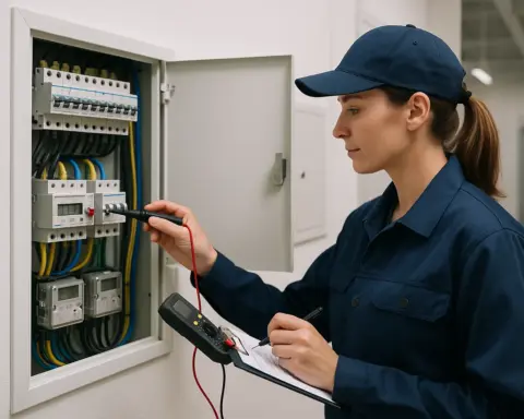 Inspector electricista con portapapeles y multímetro revisando un cuadro eléctrico comunitario.