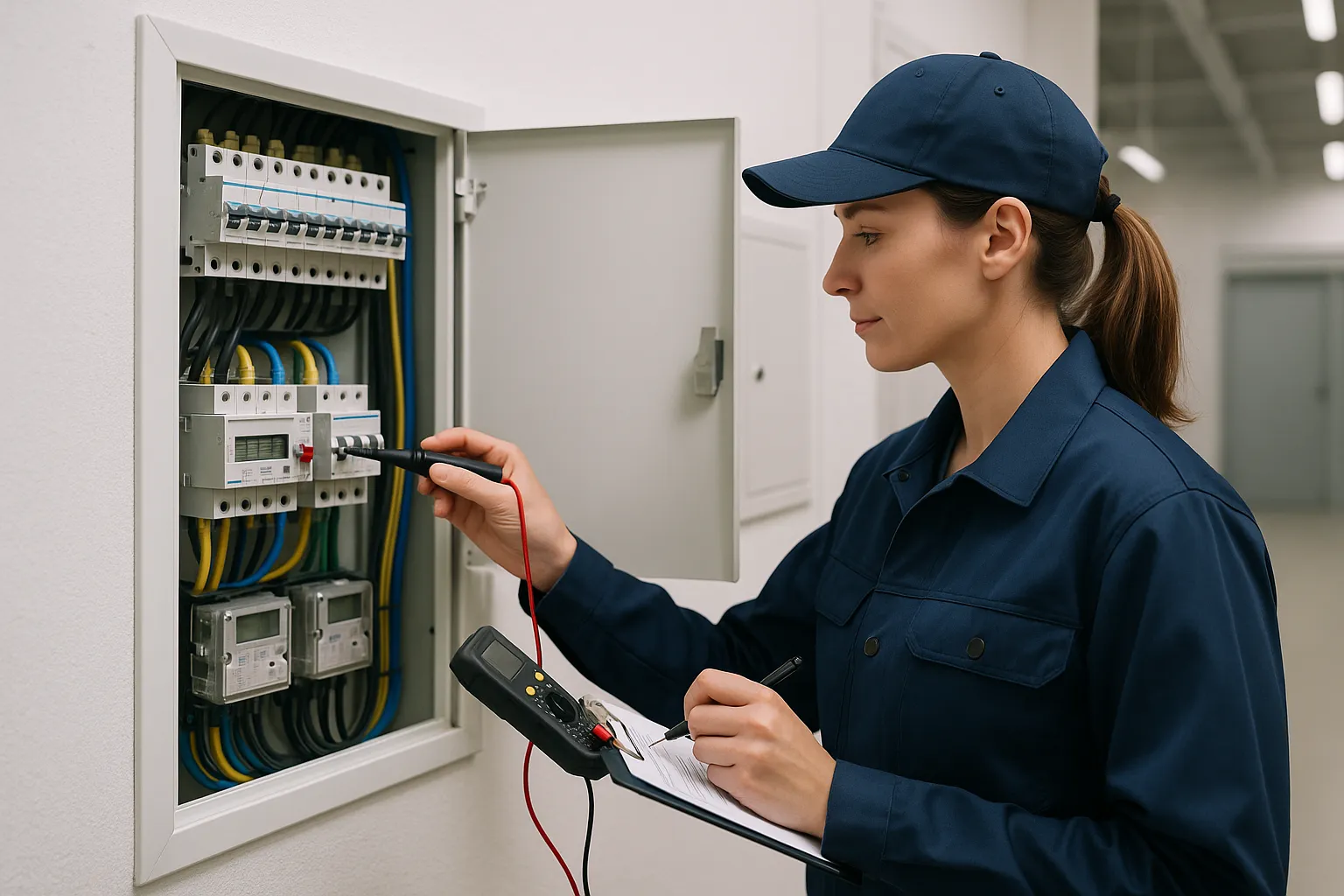 Inspector electricista con portapapeles y multímetro revisando un cuadro eléctrico comunitario.