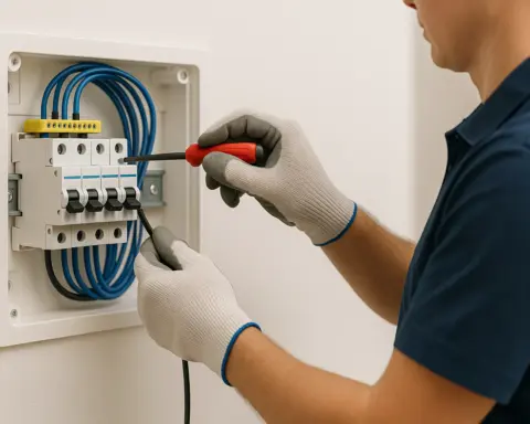 Instalador con guantes conectando un cable a un interruptor en un cuadro eléctrico moderno.