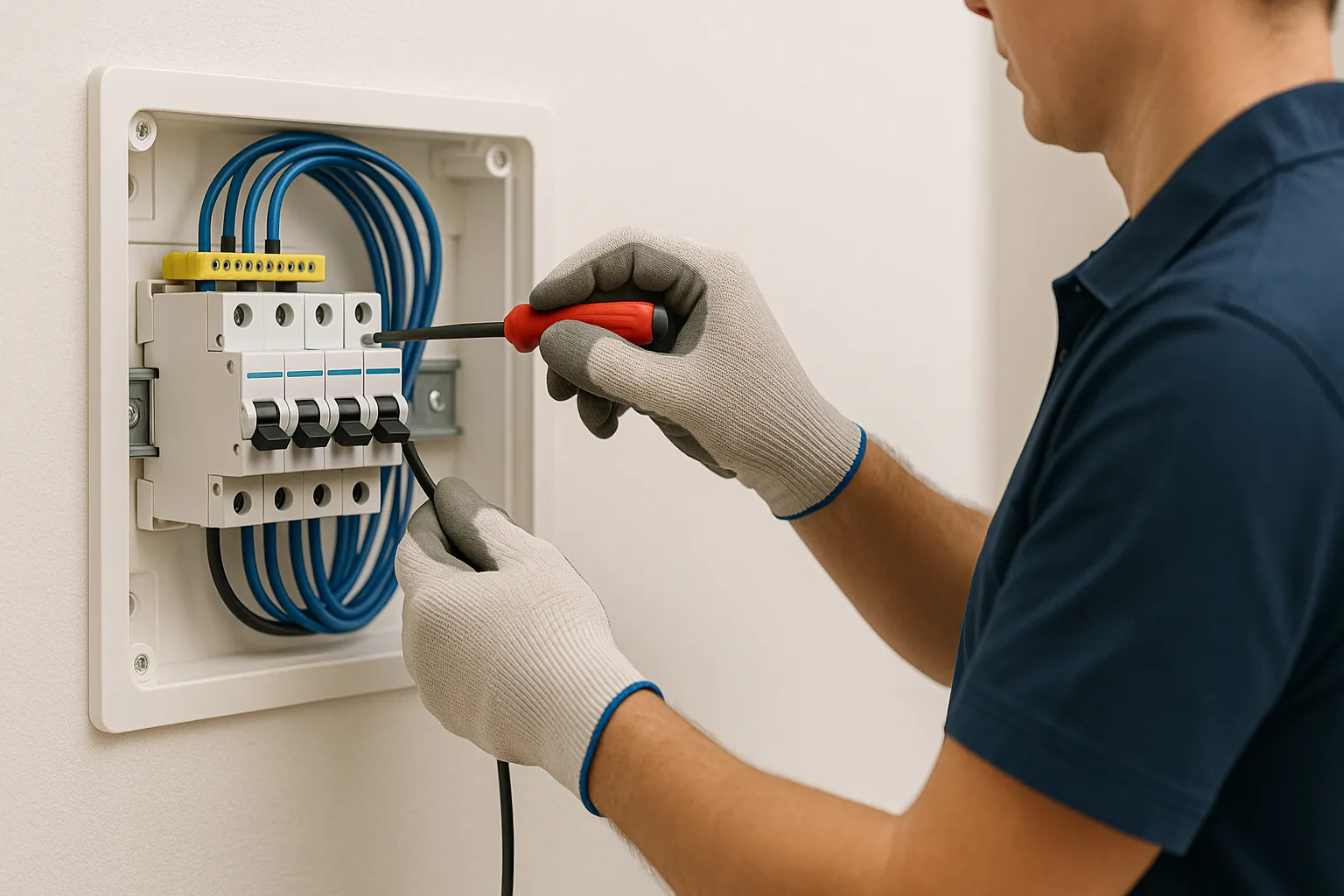 Instalador con guantes conectando un cable a un interruptor en un cuadro eléctrico moderno.