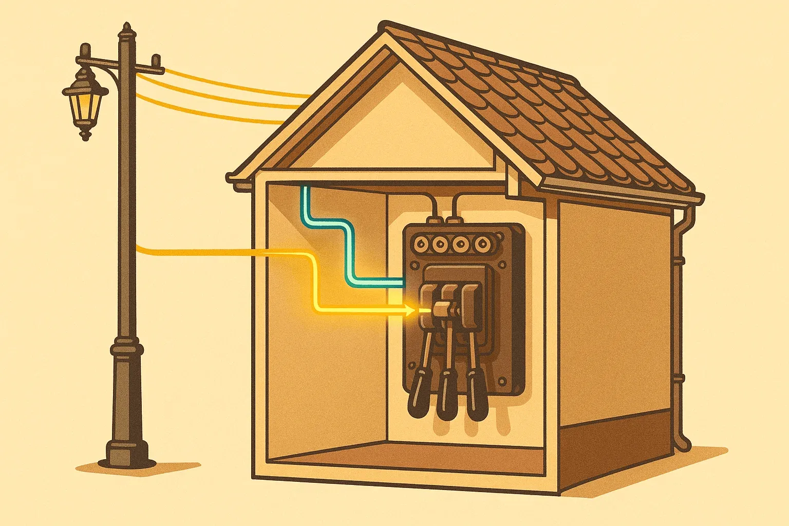 Ilustración de una instalación eléctrica bifásica en una casa antigua, destacando el característico interruptor triple en el cuadro eléctrico.