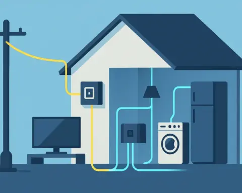 Ilustración de una instalación eléctrica monofásica, mostrando una única fase que entra en una casa y alimenta los electrodomésticos comunes.