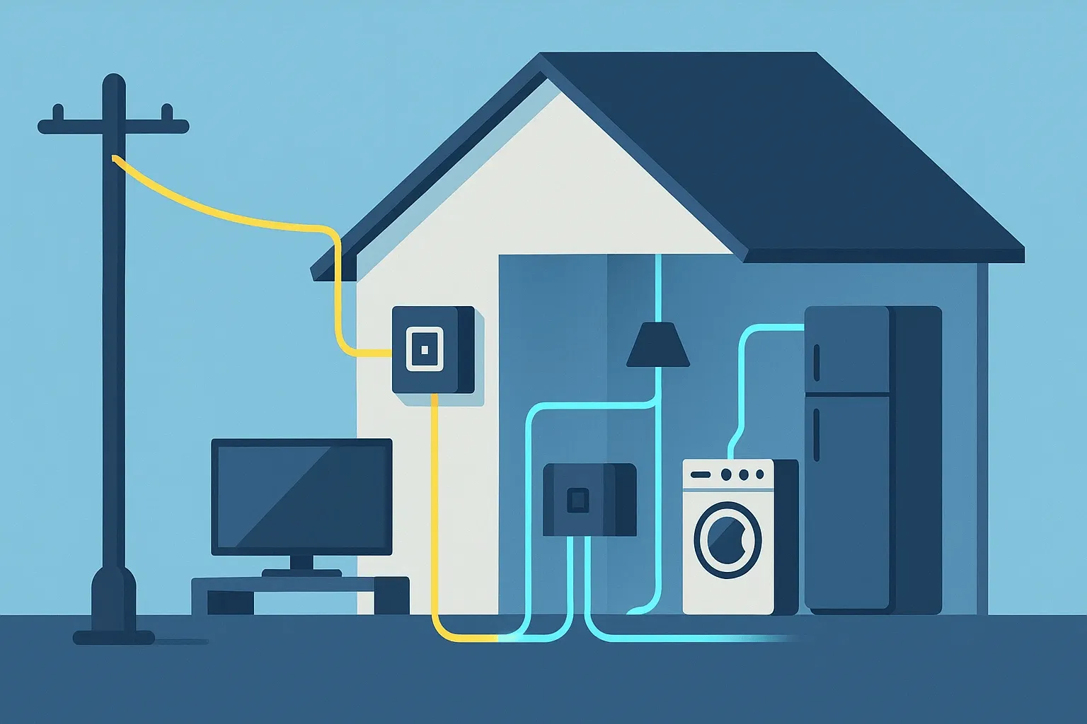 Ilustración de una instalación eléctrica monofásica, mostrando una única fase que entra en una casa y alimenta los electrodomésticos comunes.