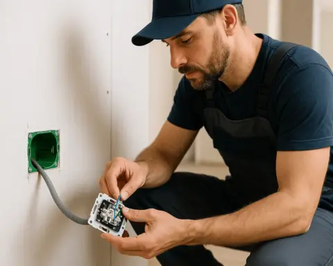 Instalador cualificado trabajando en una instalación eléctrica en una pared de pladur, simbolizando el proceso y los materiales específicos para este sistema.
