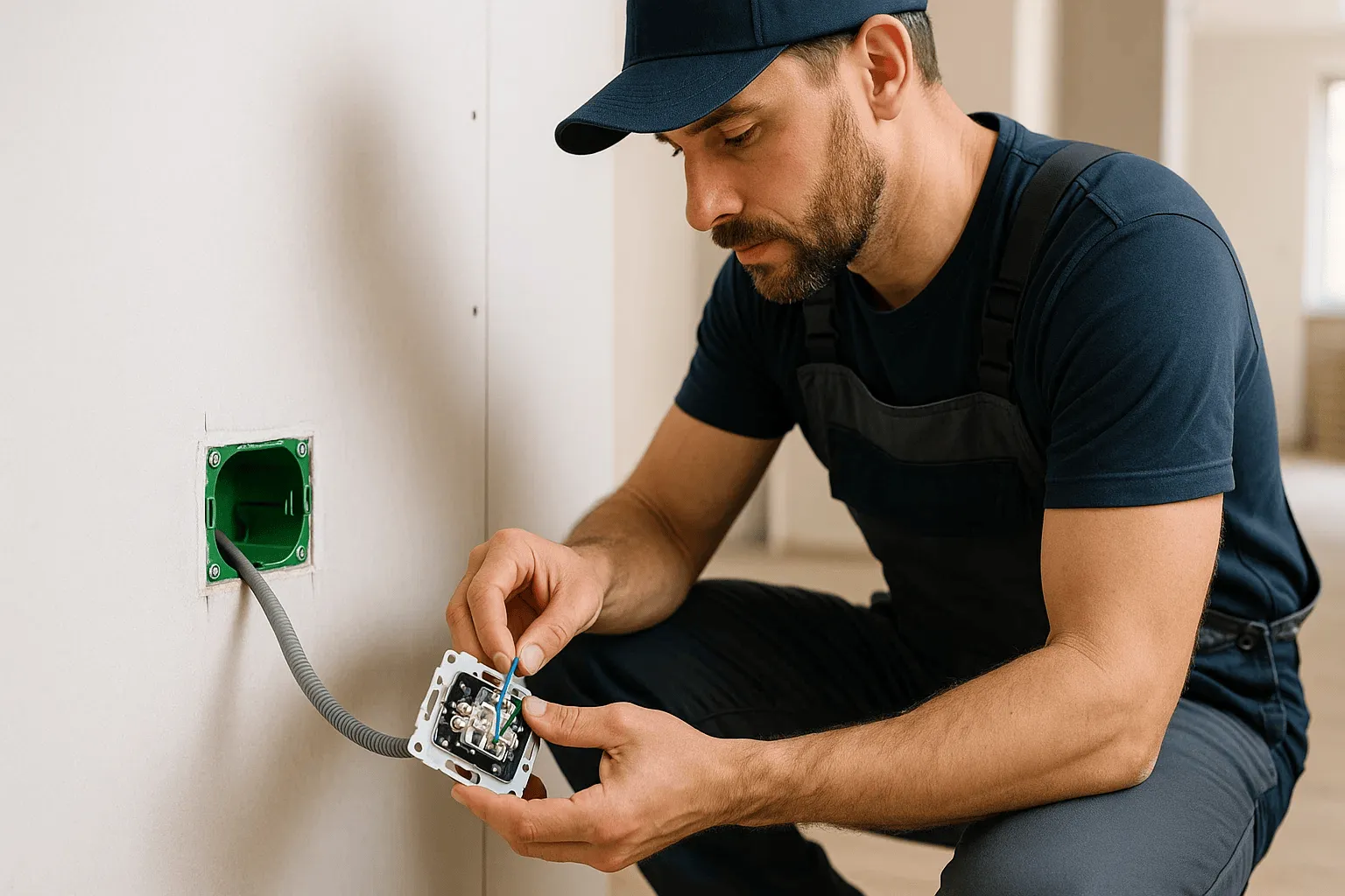Instalador cualificado trabajando en una instalación eléctrica en una pared de pladur, simbolizando el proceso y los materiales específicos para este sistema.