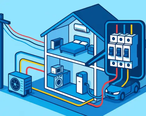 Ilustración de una instalación eléctrica trifásica, mostrando tres fases de energía que entran en una casa y alimentan equipos de alta potencia como un coche eléctrico.