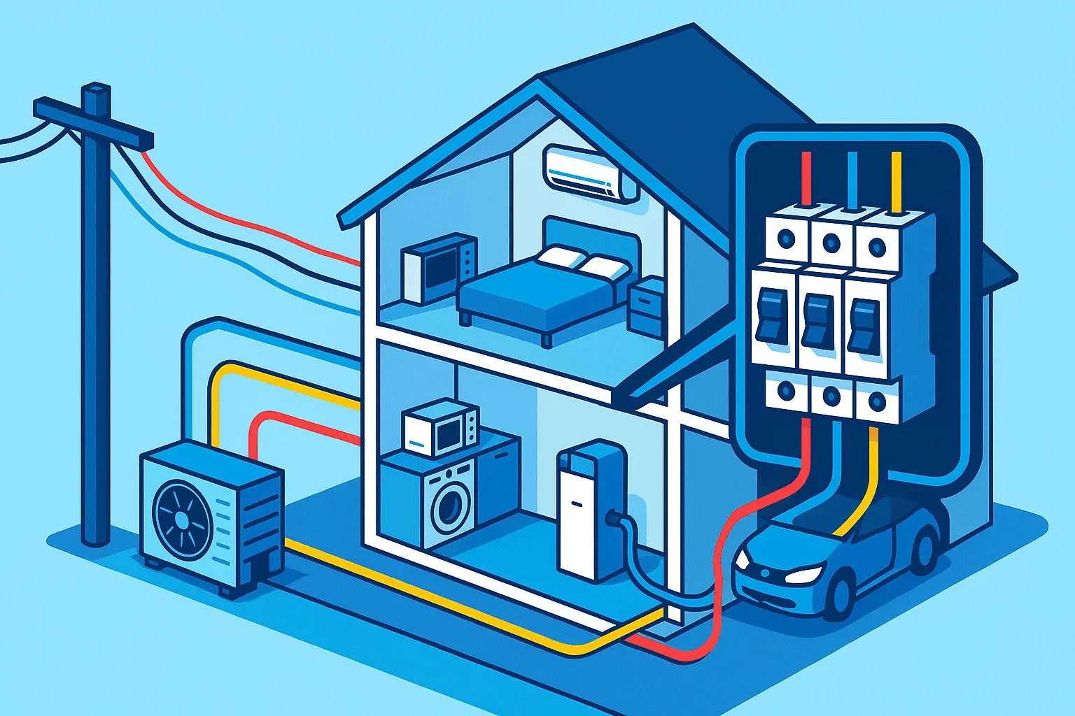 Ilustración de una instalación eléctrica trifásica, mostrando tres fases de energía que entran en una casa y alimentan equipos de alta potencia como un coche eléctrico.