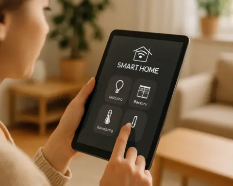 Manos de mujer a punto de tocar la pantalla de una tablet con interfaz de domótica minimalista.