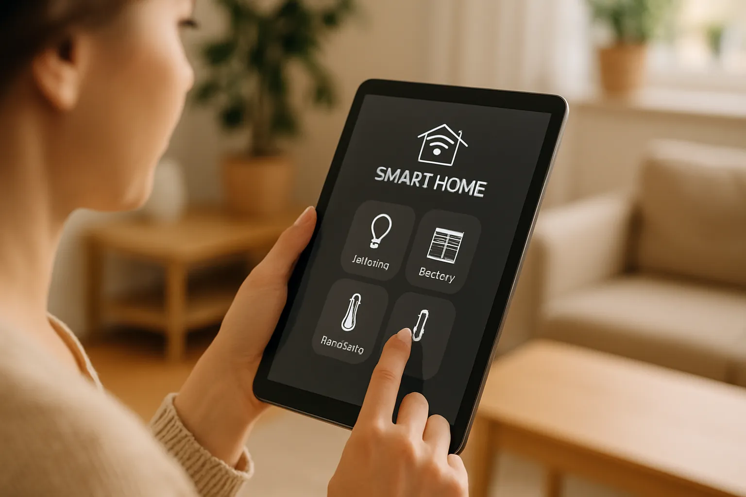 Manos de mujer a punto de tocar la pantalla de una tablet con interfaz de domótica minimalista.