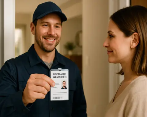 Electricista mostrando carné profesional a clienta sonriente en la entrada de su casa.
