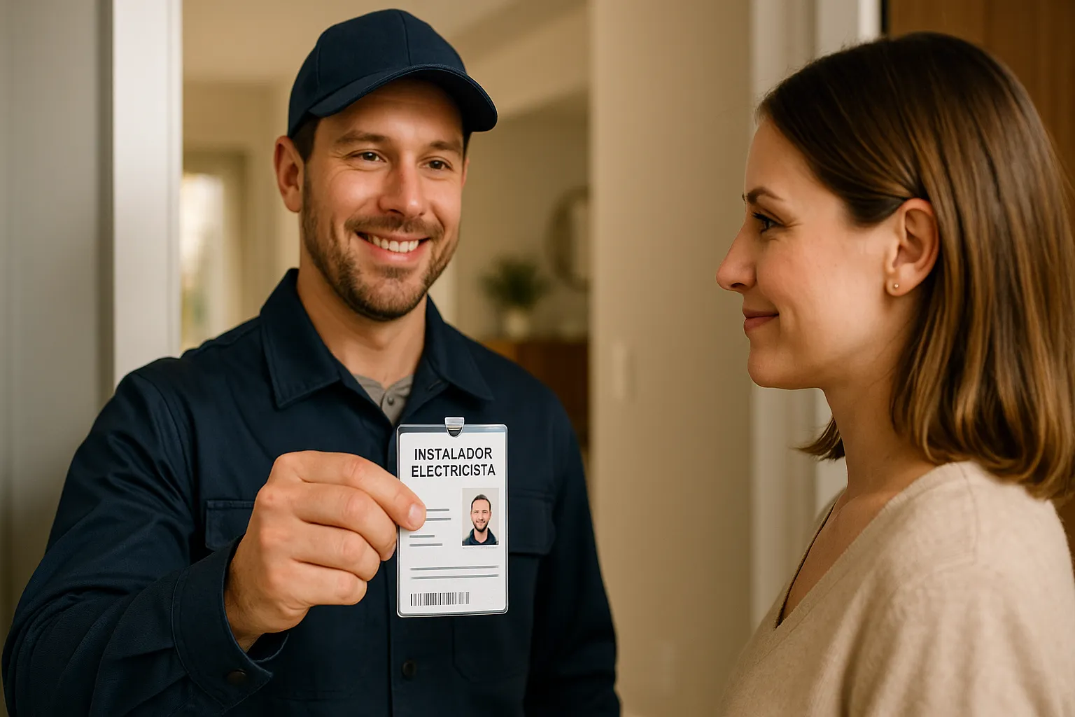 Electricista mostrando carné profesional a clienta sonriente en la entrada de su casa.