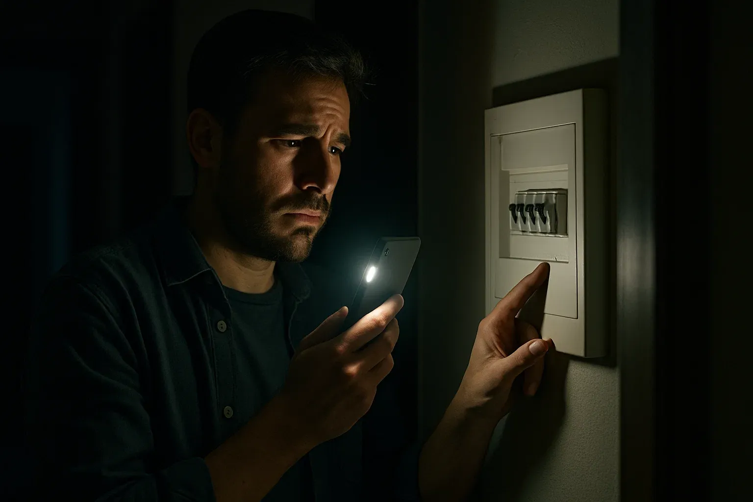 Hombre a oscuras rearmando el cuadro eléctrico con la linterna de su móvil, simbolizando el corte de luz provocado por el Interruptor de Control de Potencia (ICP).