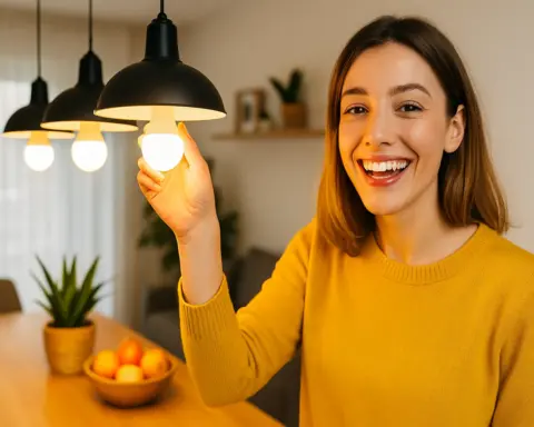 Mujer sonriendo mientras enciende una bombilla LED en lámpara colgante del comedor.