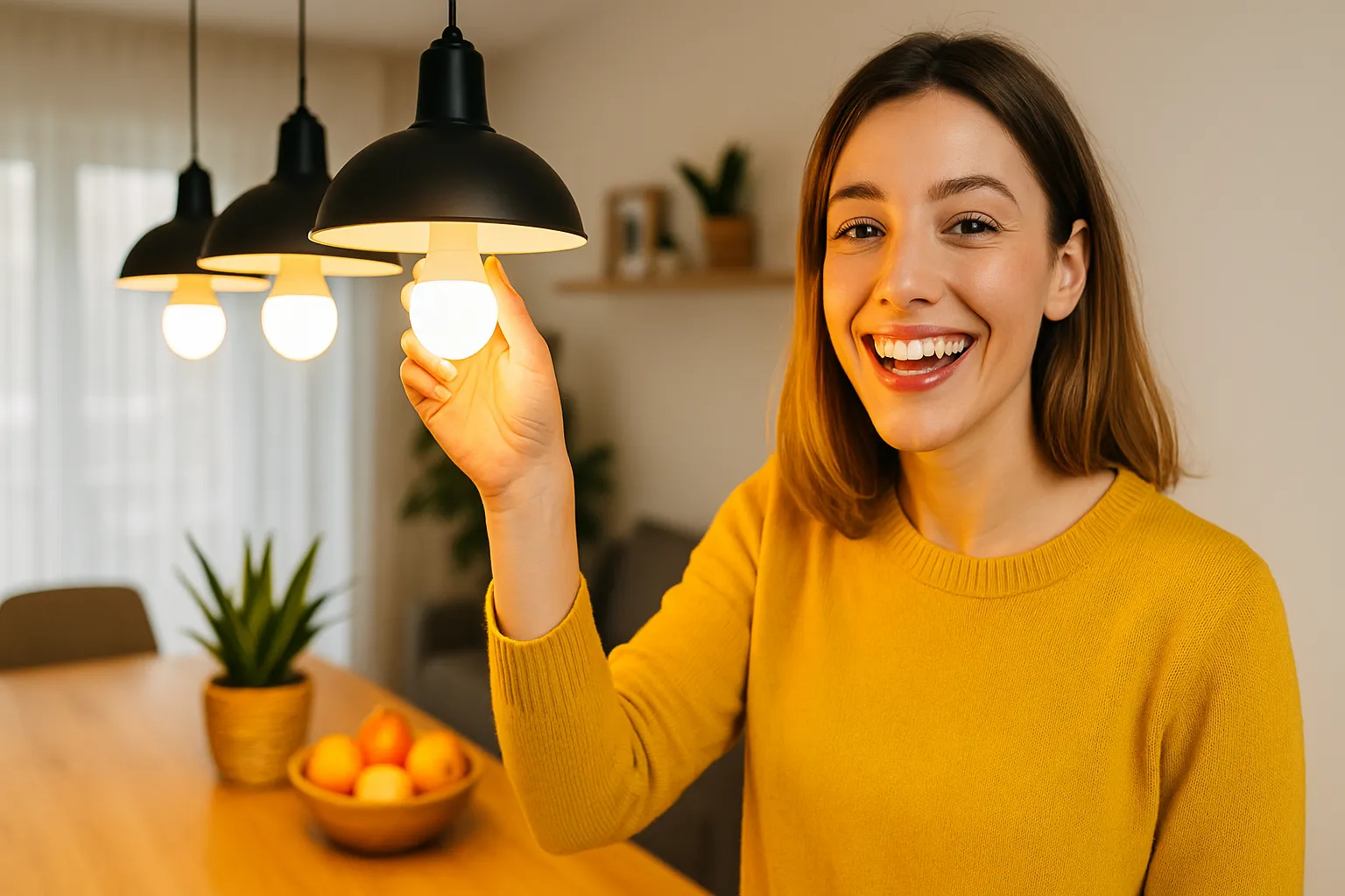 Mujer sonriendo mientras enciende una bombilla LED en lámpara colgante del comedor.