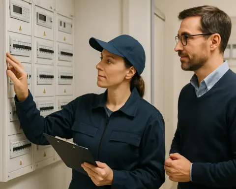Técnico con portapapeles y gerente revisando juntos el cuadro eléctrico comunitario.
