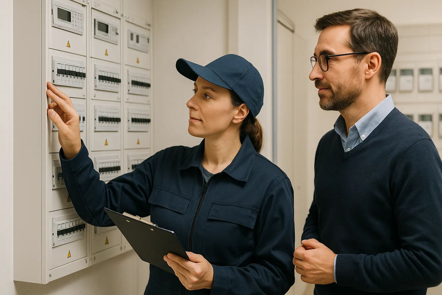 Técnico con portapapeles y gerente revisando juntos el cuadro eléctrico comunitario.