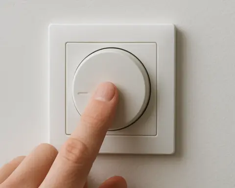 Persona ajustando la intensidad de luz con interruptor dimmer en pared blanca.
