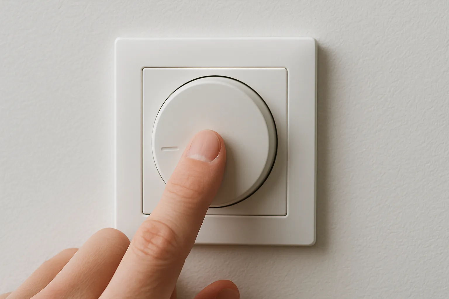 Persona ajustando la intensidad de luz con interruptor dimmer en pared blanca.