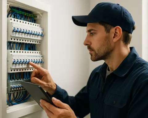 Instalador cualificado revisando un cuadro eléctrico moderno, simbolizando las diferentes partes y la seguridad de una instalación eléctrica doméstica.