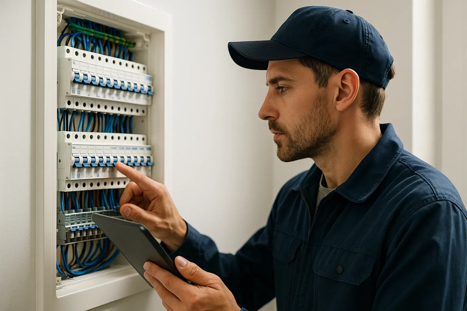 Instalador cualificado revisando un cuadro eléctrico moderno, simbolizando las diferentes partes y la seguridad de una instalación eléctrica doméstica.