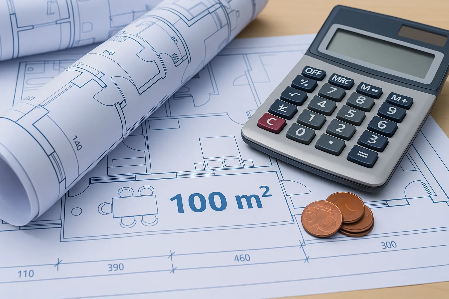 Planos de vivienda de 100 m² con calculadora sobre mesa de trabajo para presupuesto de instalación eléctrica.