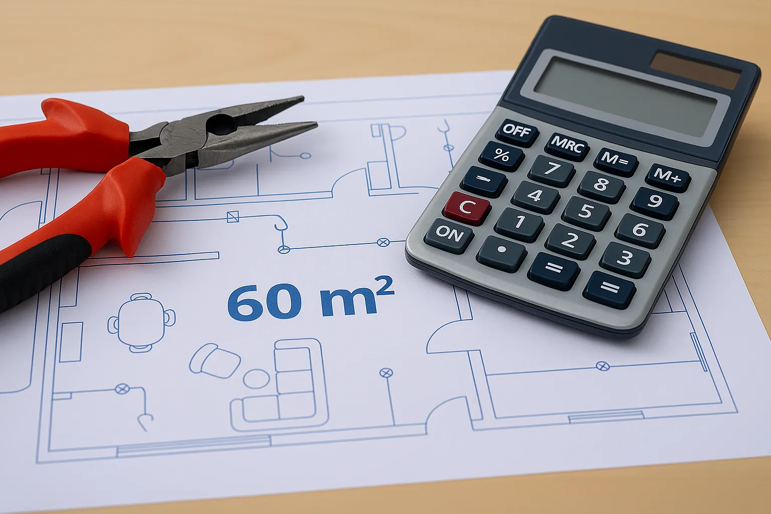 Plano eléctrico de vivienda de 60 m² y calculadora representando el cálculo del precio de una instalación eléctrica.