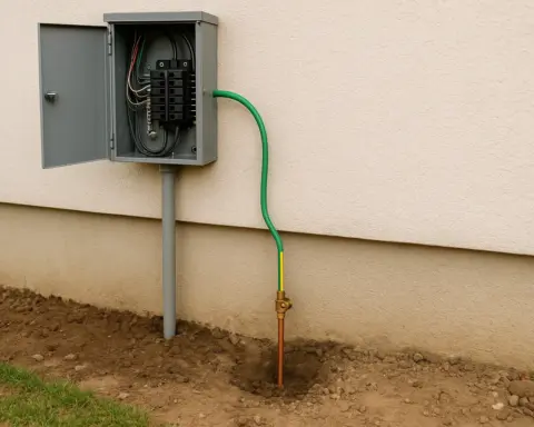 Panel eléctrico abierto en el exterior de una vivienda; un cable verde-amarillo conecta el panel con una pica de cobre hincada en el suelo, ilustrando la toma de tierra doméstica