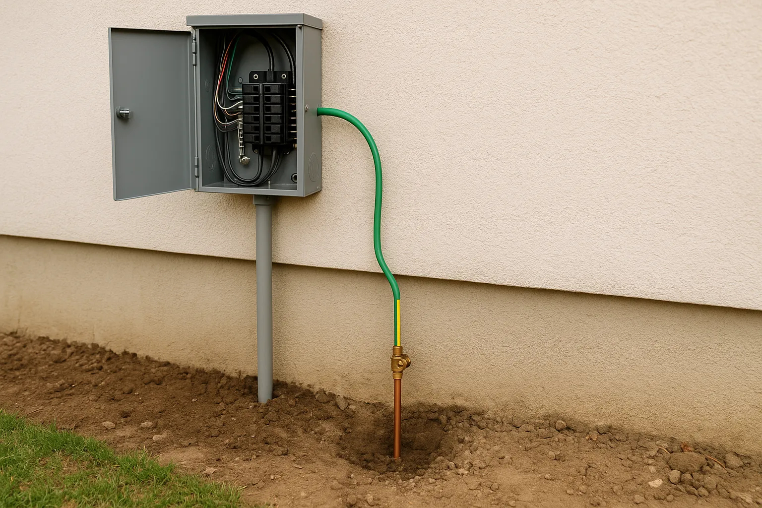 Panel eléctrico abierto en el exterior de una vivienda; un cable verde-amarillo conecta el panel con una pica de cobre hincada en el suelo, ilustrando la toma de tierra doméstica