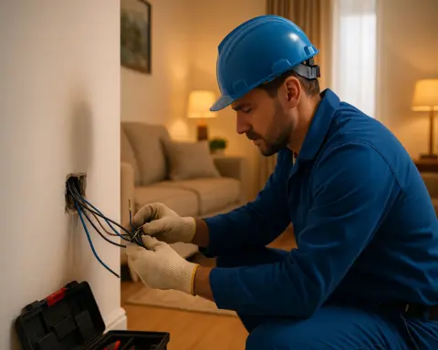 Electricista con casco azul y guantes revisando los cables que salen de una caja empotrada en la pared de un salón amueblado tras la renovación de una instalación eléctrica