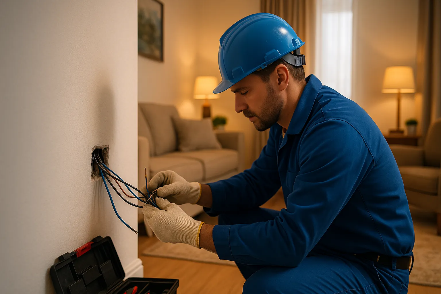 Electricista con casco azul y guantes revisando los cables que salen de una caja empotrada en la pared de un salón amueblado tras la renovación de una instalación eléctrica