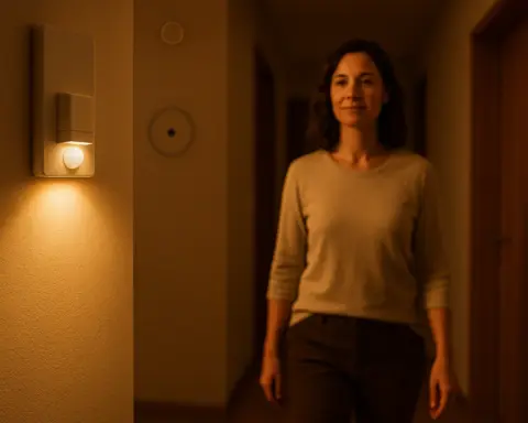 Mujer caminando activando un aplique con sensor de movimiento que ilumina el pasillo.