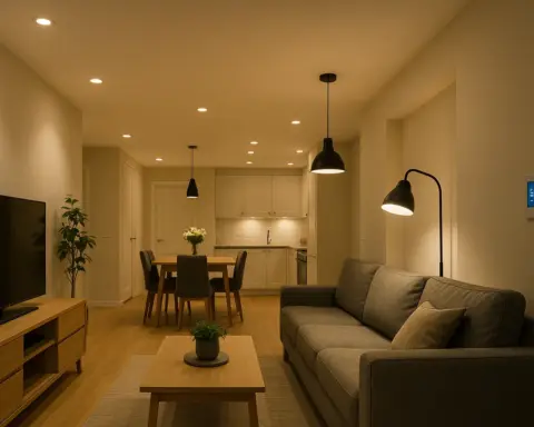 Salón-comedor y cocina integrados iluminados de noche con focos empotrados, lámparas colgantes, luz bajo los armarios de cocina y lámpara de pie junto al sofá como ejemplo de un buen sistema de iluminación.