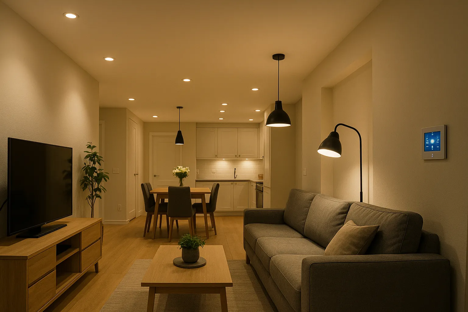 Salón-comedor y cocina integrados iluminados de noche con focos empotrados, lámparas colgantes, luz bajo los armarios de cocina y lámpara de pie junto al sofá como ejemplo de un buen sistema de iluminación.