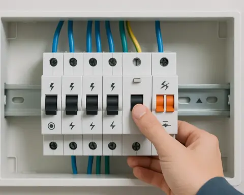 Interior de cuadro eléctrico con fusible, diferencial, magnetotérmico y protector contra sobretensiones.