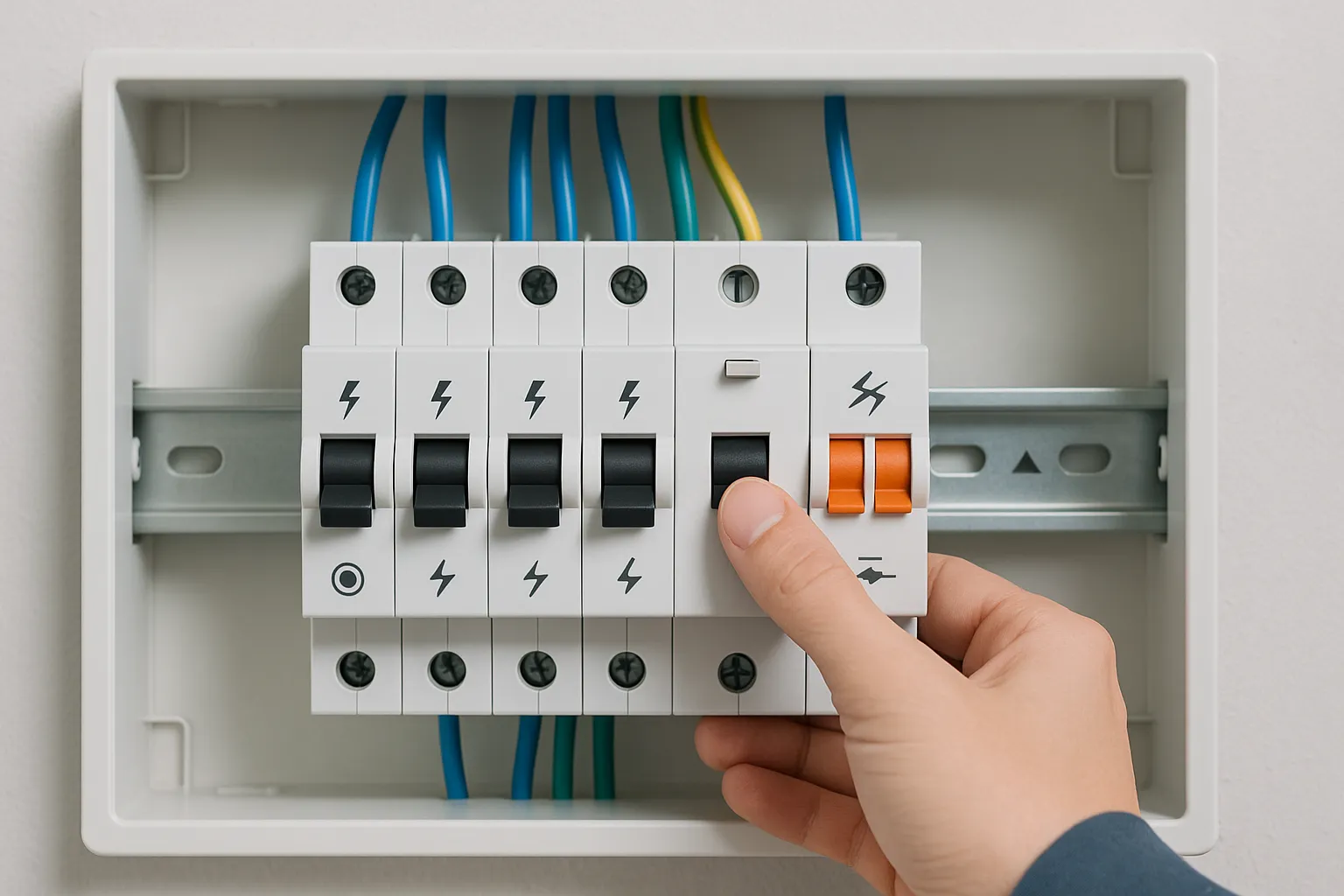 Interior de cuadro eléctrico con fusible, diferencial, magnetotérmico y protector contra sobretensiones.