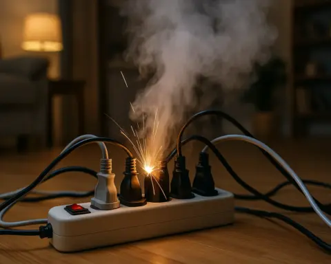 Regleta eléctrica sobre suelo de madera con varios enchufes conectados; una de las tomas expulsa chispas y humo, alertando del riesgo de sobrecarga electroca