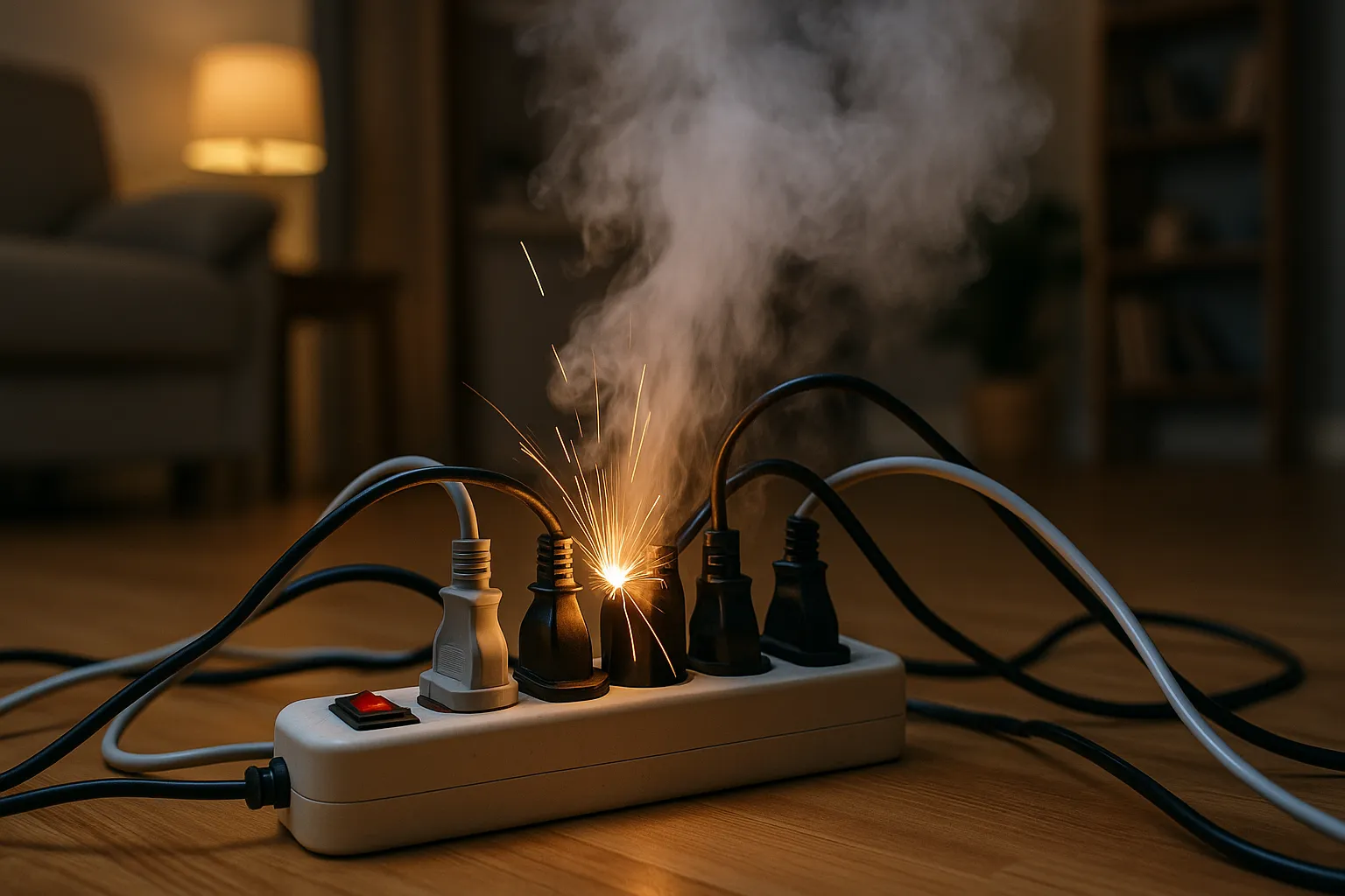 Regleta eléctrica sobre suelo de madera con varios enchufes conectados; una de las tomas expulsa chispas y humo, alertando del riesgo de sobrecarga electroca