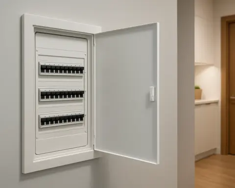 Tablero o cuadro eléctrico empotrado en pared gris claro, con la puerta blanca abierta y filas de interruptores automáticos alineados.
